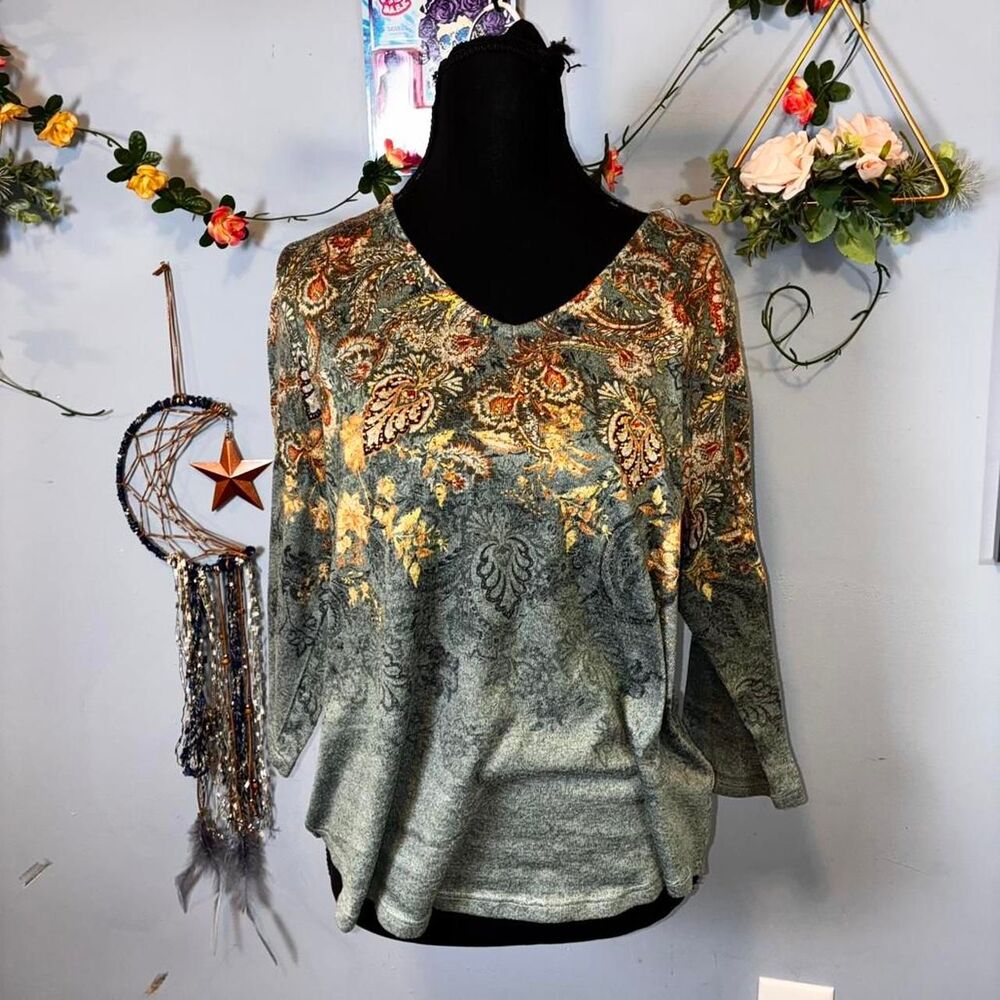 Green And Gold 3/4 Sleeve Womens OneWorld Boho Vibe Blouse (L)